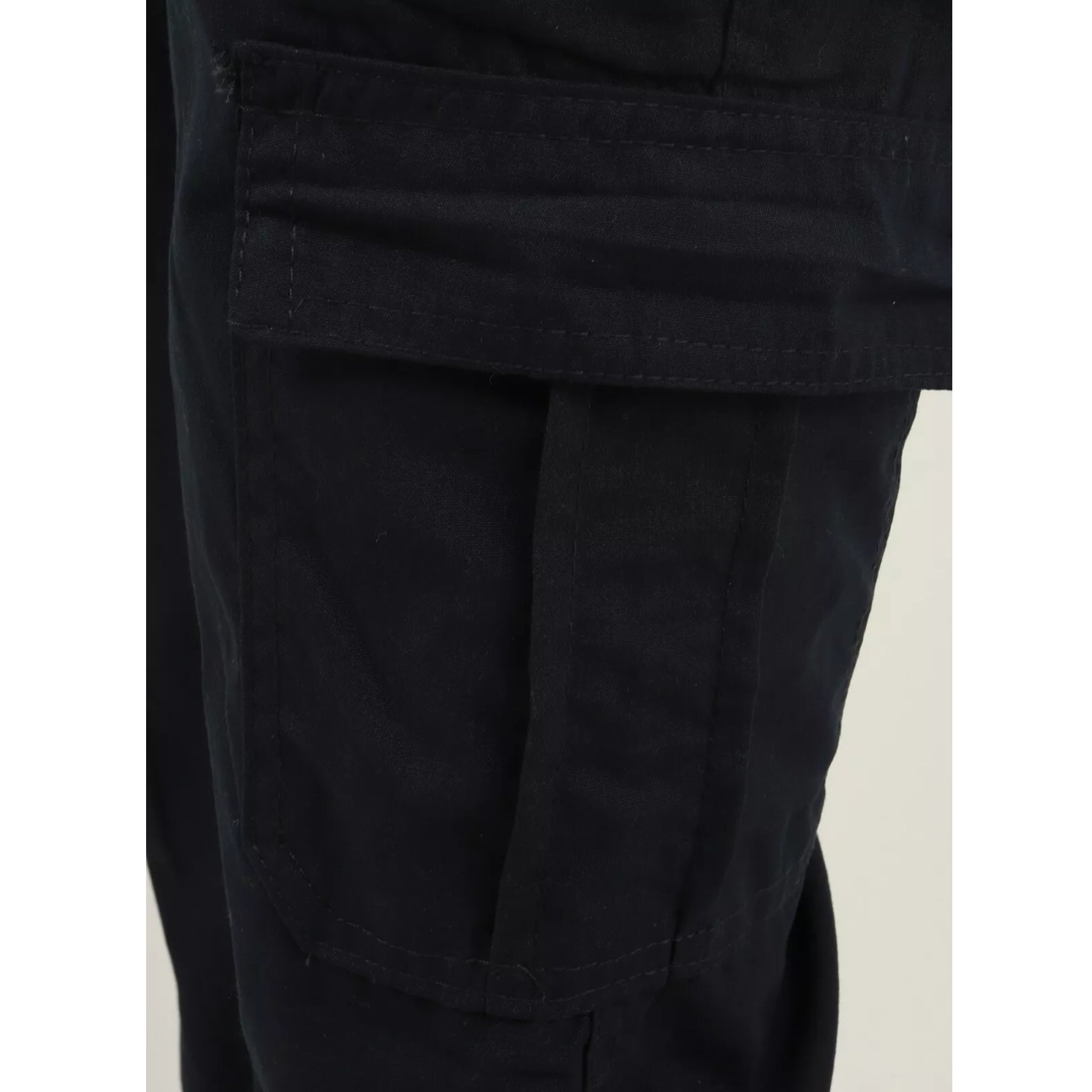 Men's navy cargo utility trousers with side flap pockets, elasticated waistband, and belt loops – durable workwear or outdoor pants